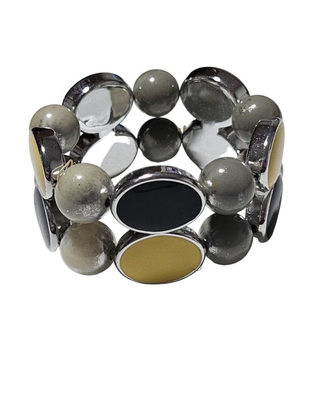 Boho Chic Chunky Beaded Bracelet Grey Beads Black Yellow Oval Accents Stretch